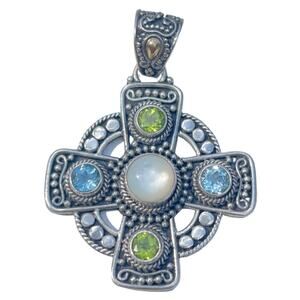 Bali Sterling Silver & 18k Gold Gemstone Cross Pendant